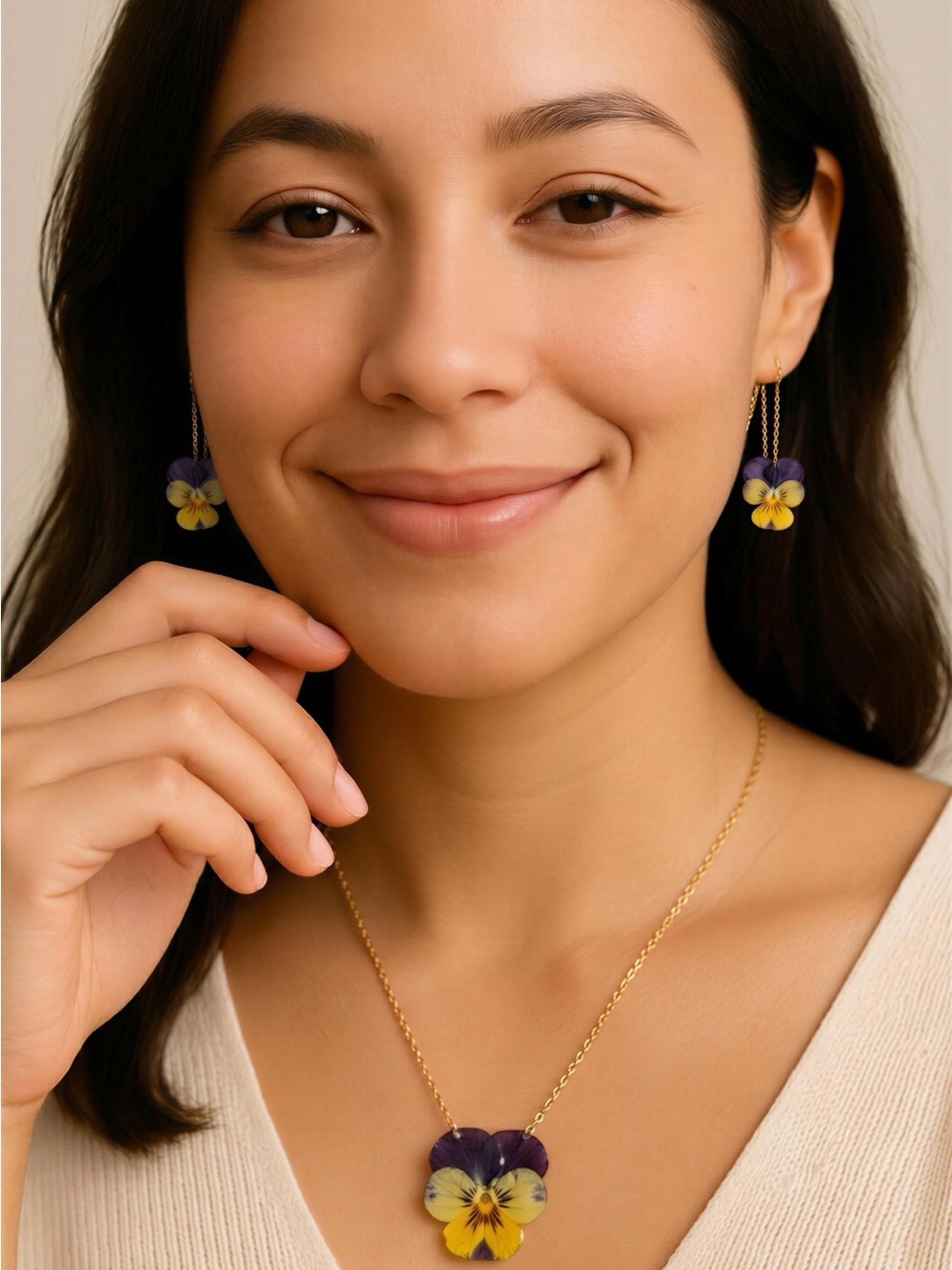 Delicate Purple & Yellow Pansy Necklace and Earring Set